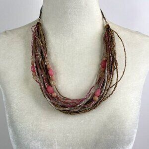 Beaded Necklace Multi Strand Twisted Seed Bead Pink Clear Gold Tone Statement